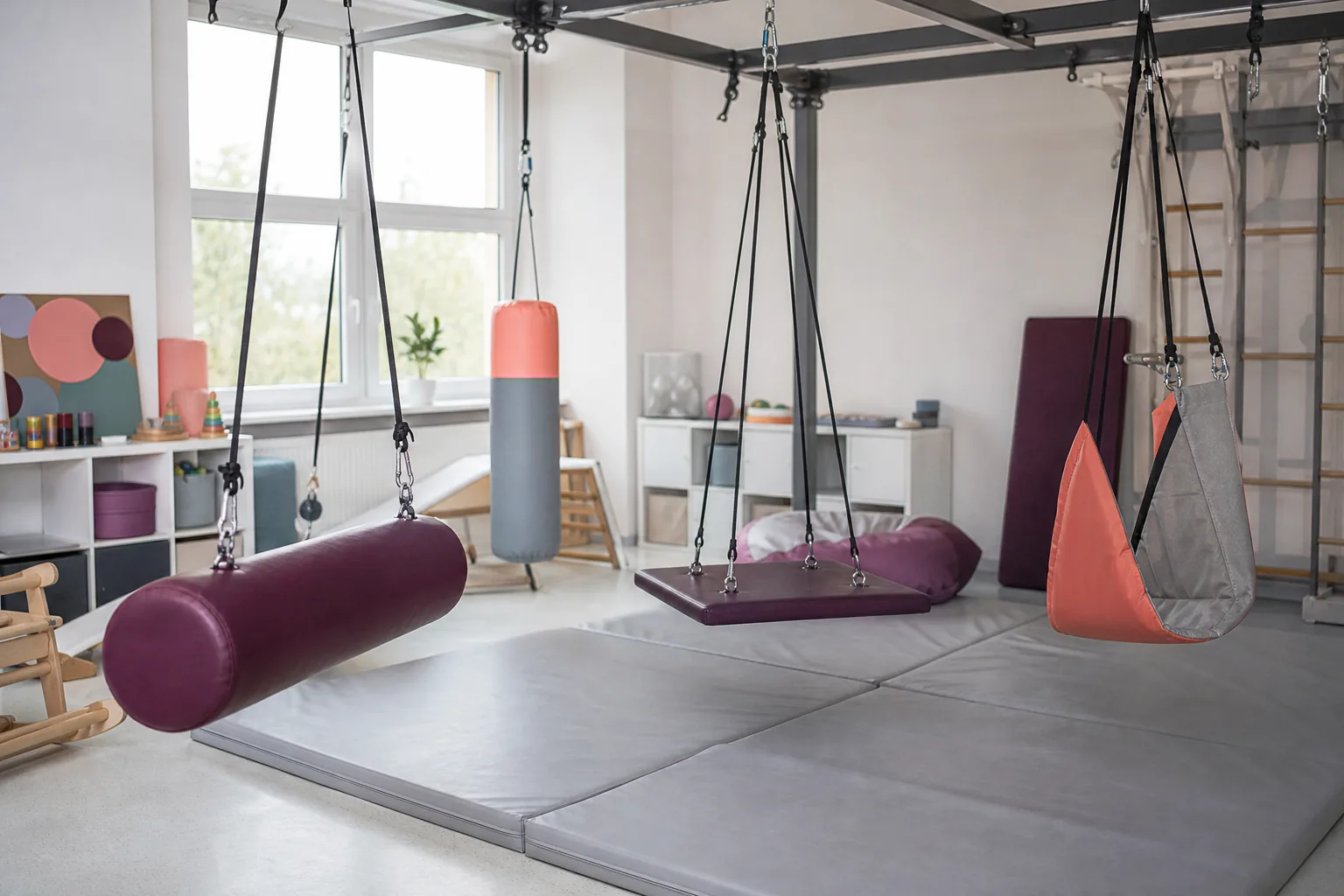 Sala integracji sensorycznej w przedszkolu z huśtawką i matami