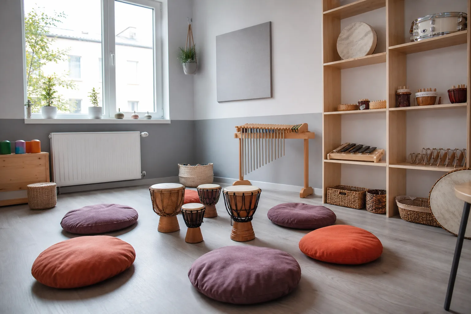 Sala do muzykoterapii z bębnami i dzwonkami, przedszkola w Białymstoku