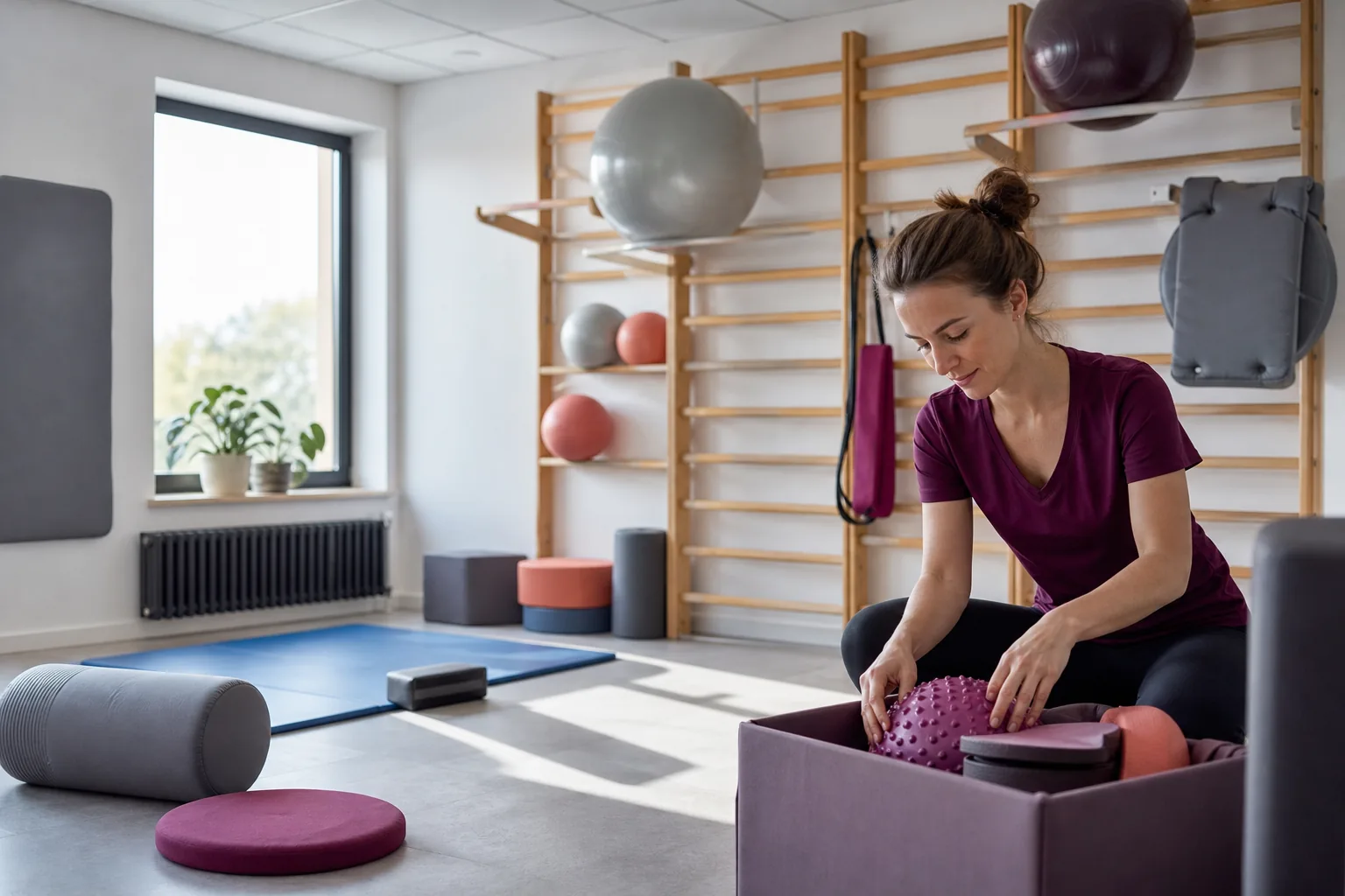 Sala rehabilitacji ruchowej z drabinkami i piłkami terapeutycznymi